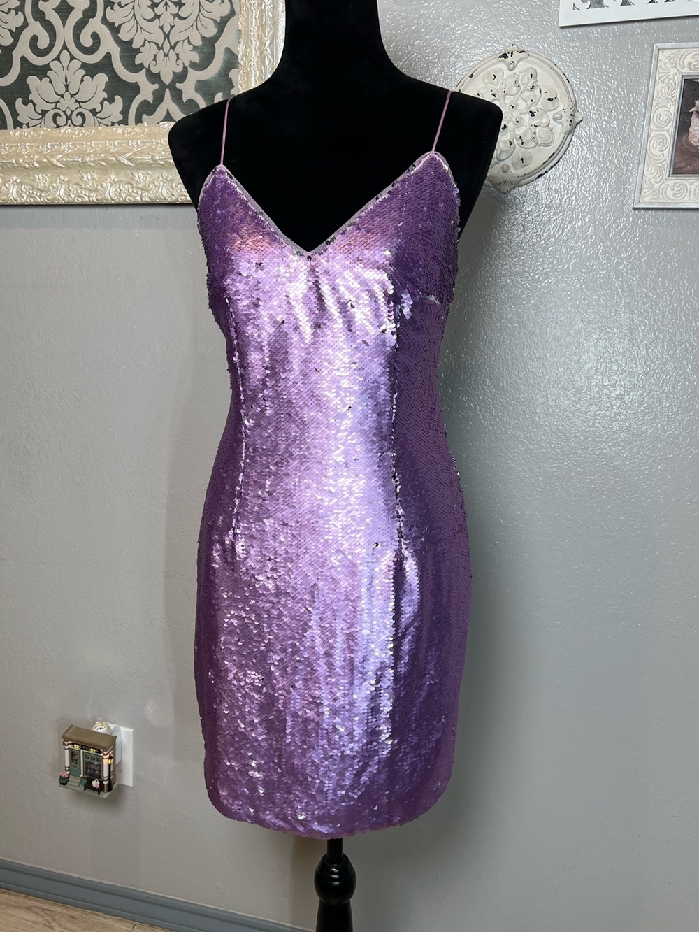Aidan Mattox Purple Sequin Slip Dress with Spaghetti Straps